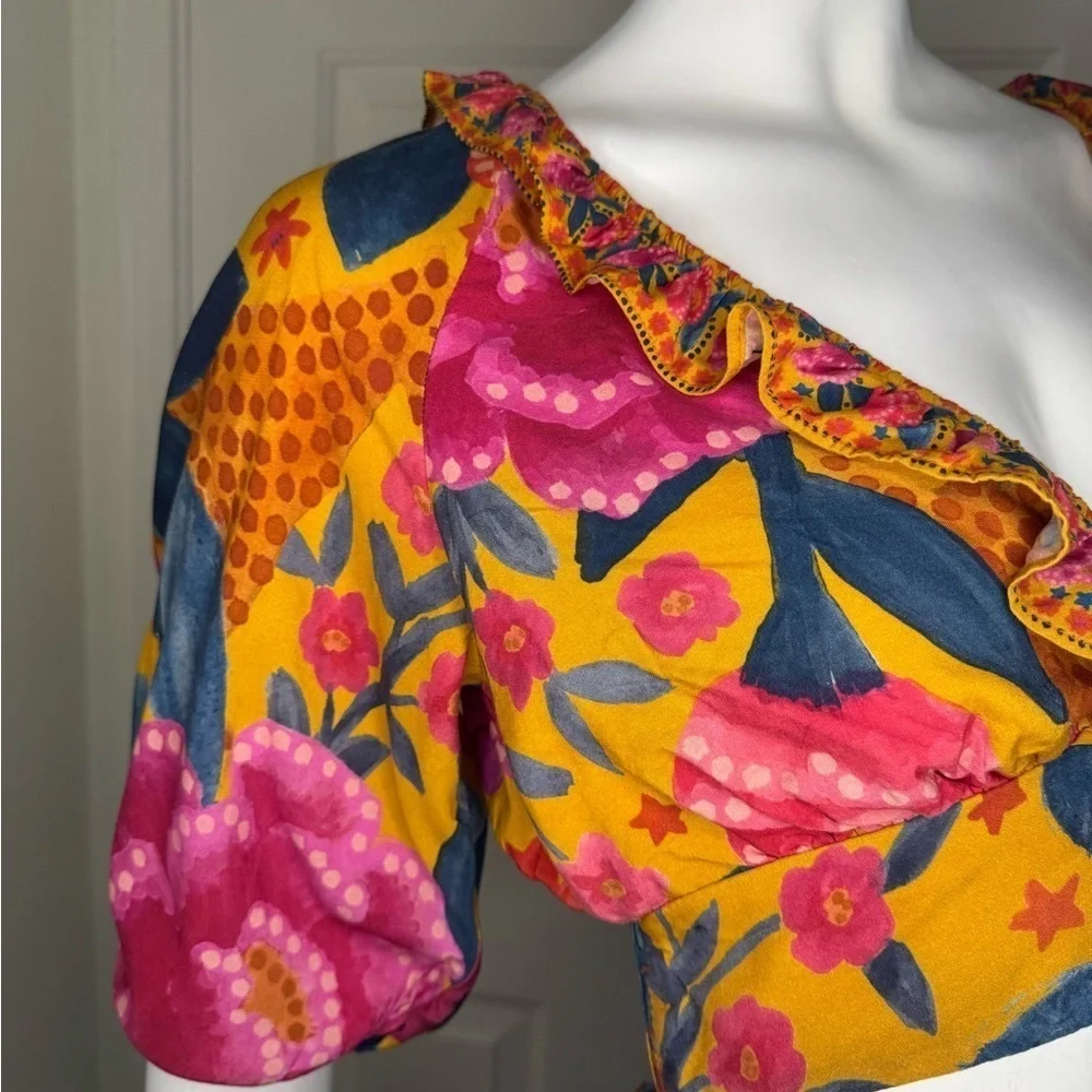 FARM Rio Floral Yellow and Pink Puff Sleeve Crop Blouse